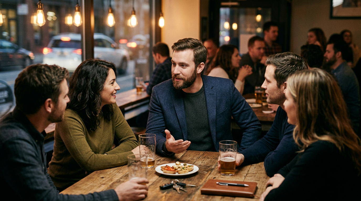 Group Conversation Steering: Hold Her Focus in Groups — illustrated guide from The Playbook