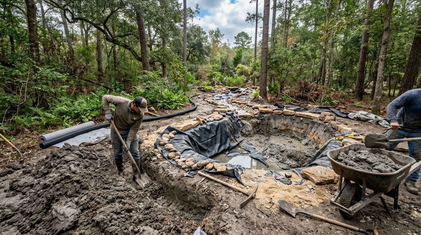 Pond Water Feature Woodlands: Clay Soil Drainage Planning