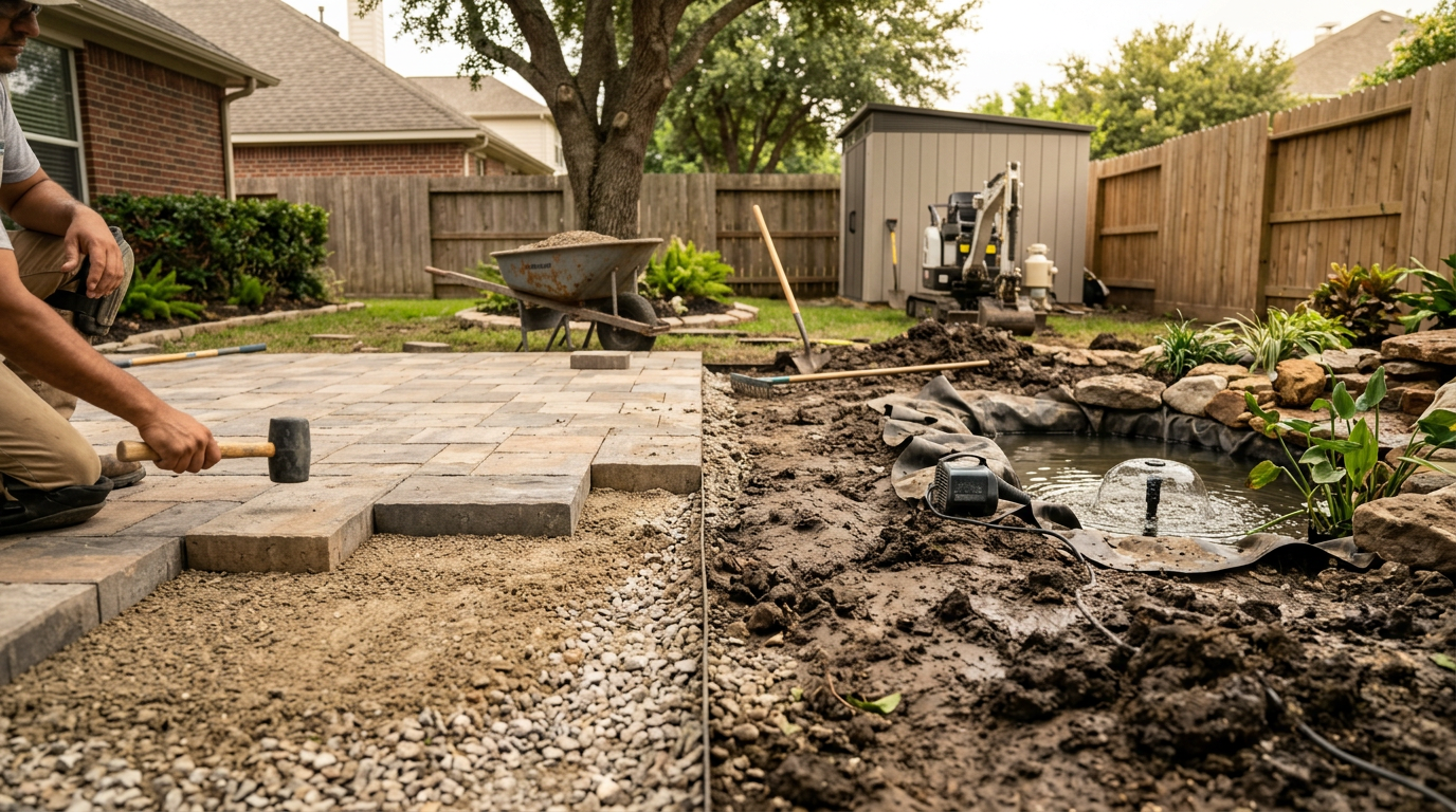 Paver Patio vs Pond Water Feature Houston Clay Soil